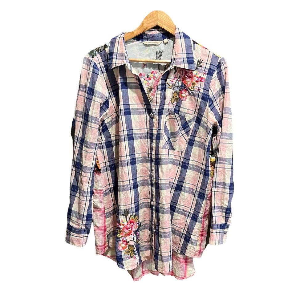 Soft Surroundings Button‎ Down Plaid Floral Embroidered Women's Top Size Large